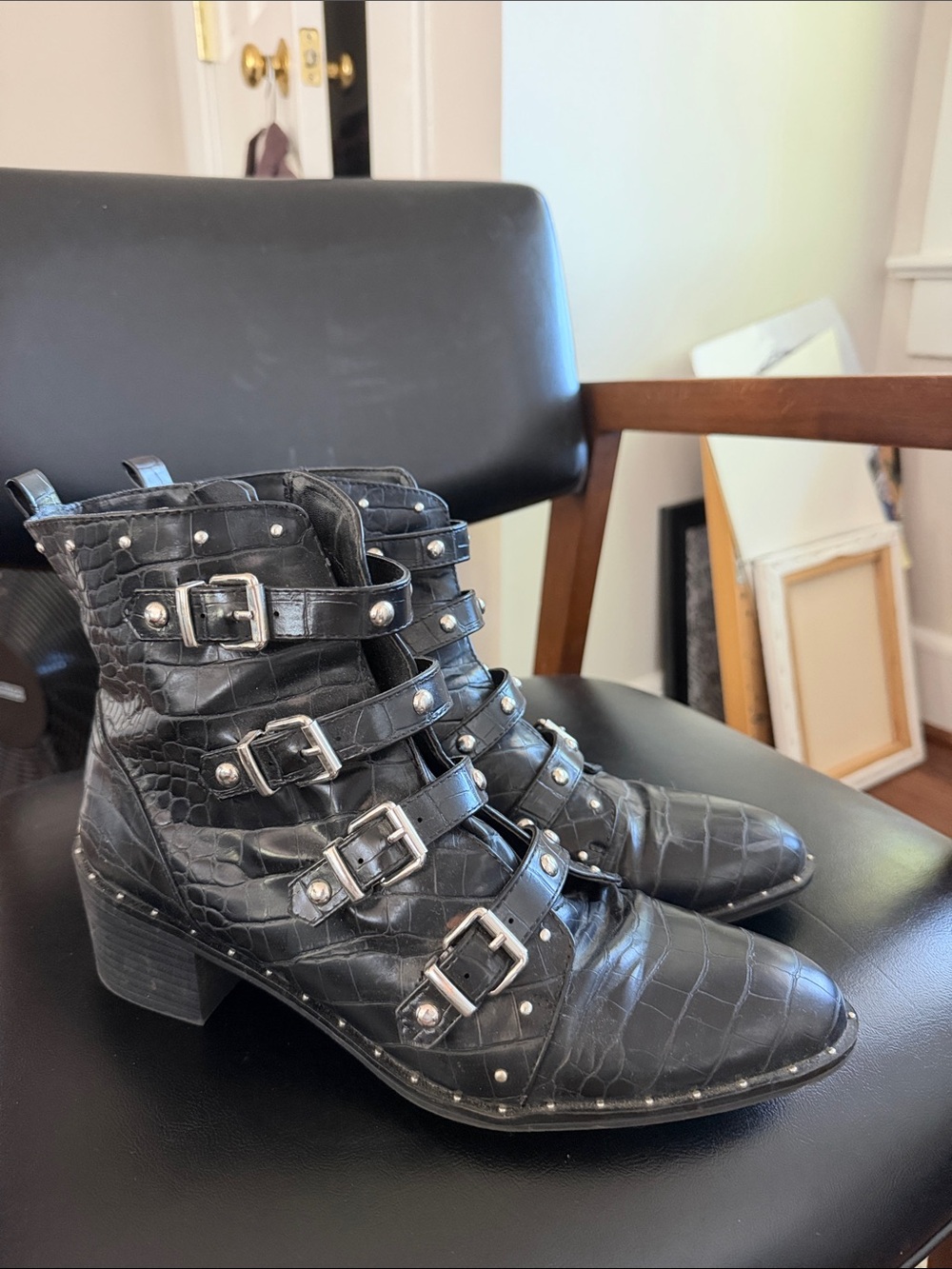 Black Croc-Embossed Buckle Ankle Boots - Women